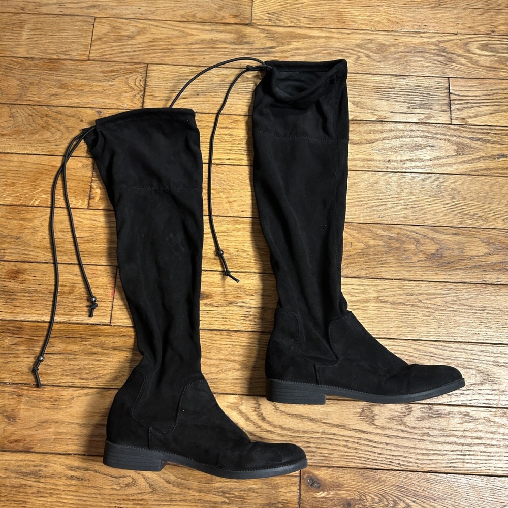 Upside Black Faux Suede Over The Knee Flat Boots Women's 6.5M Drawstring Tie